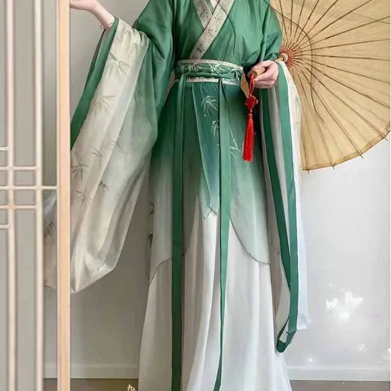 Bamboo Green Hanfu Dress featuring large sleeves and intricate bamboo prints, perfect for spring and summer parties.