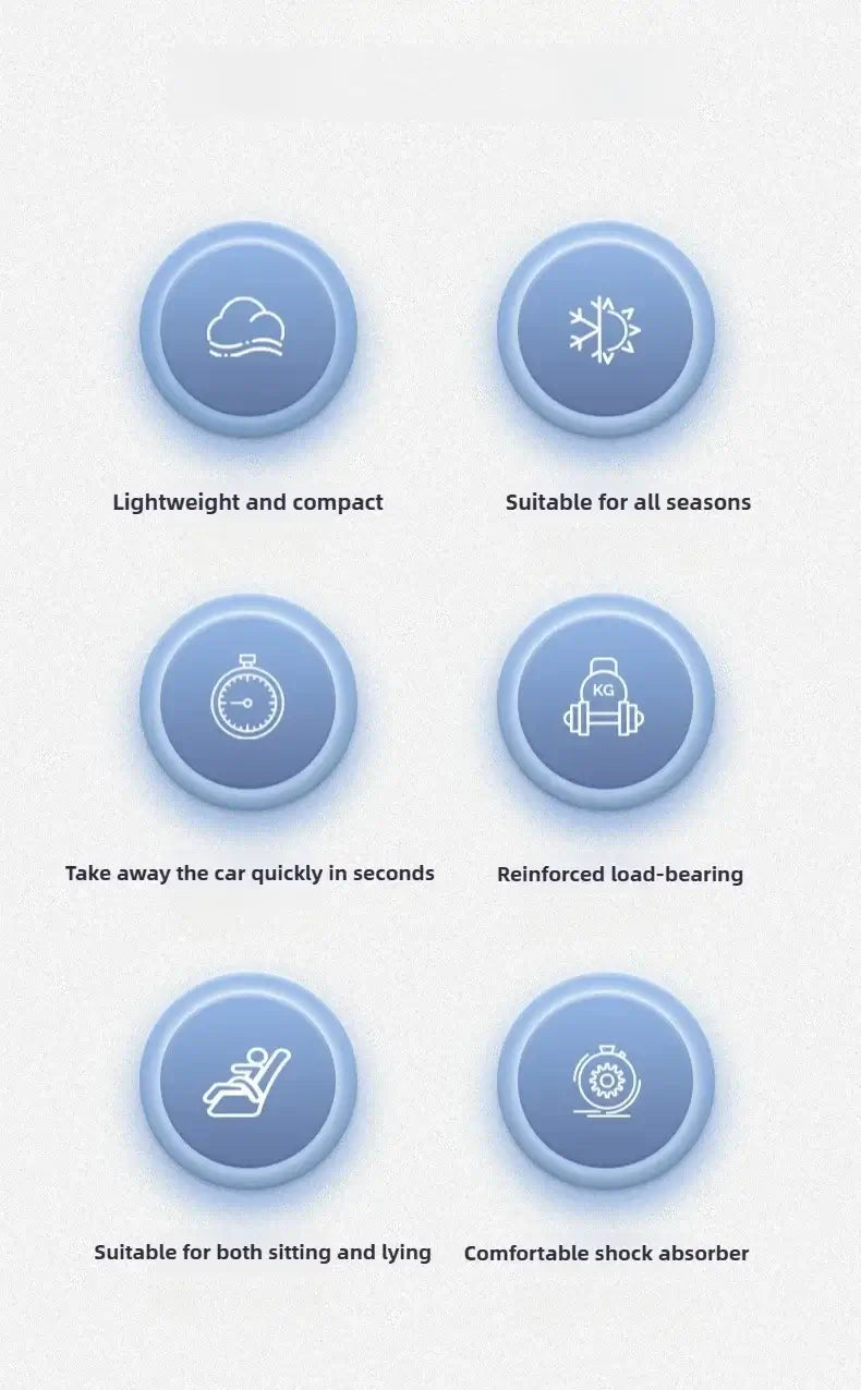 Infographic features on baby stroller: lightweight, weatherproof, quick release, strong load-bearing, suitable for sitting/lying, shock absorber.