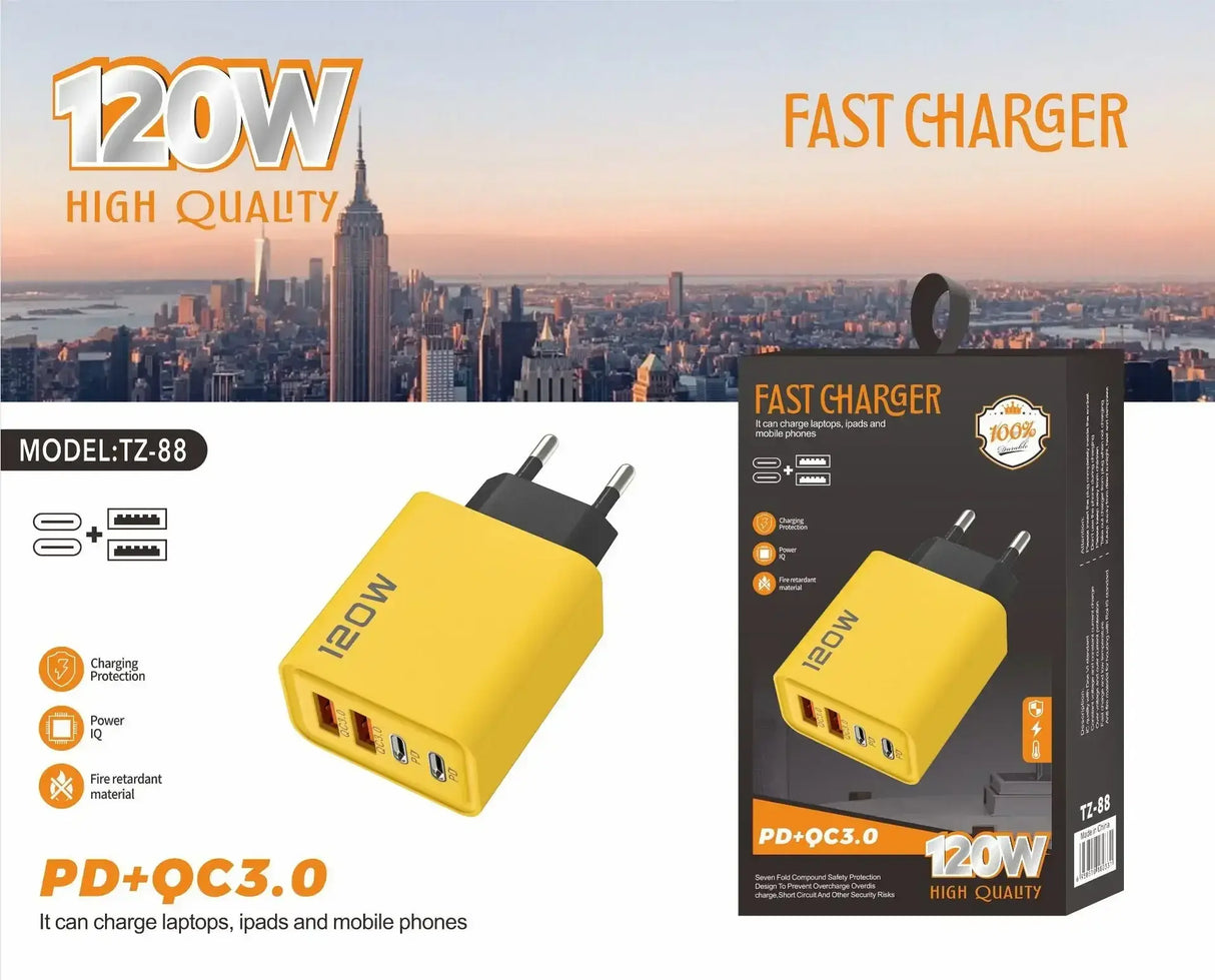 120W USB Type C fast charger in yellow packaging, designed for quick charging of laptops, iPads, and mobile phones.