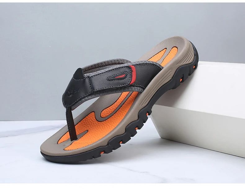 Men Cow Leather Beach Flip Flops Sandals