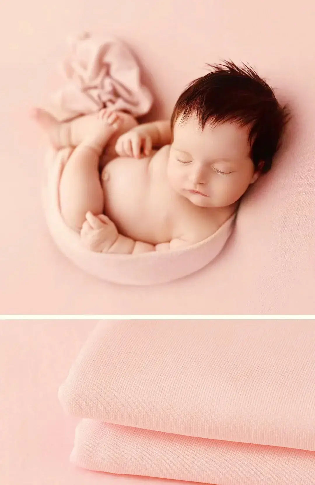 Newborn wrap blanket in soft pink, perfect for photography and cozy moments; unisex style with no harmful chemicals.