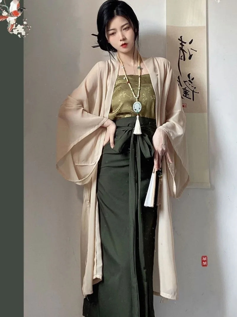 Elegant woman in a Princess Song Dynasty Hanfu 3-piece robe featuring flowing sleeves, perfect for traditional occasions.