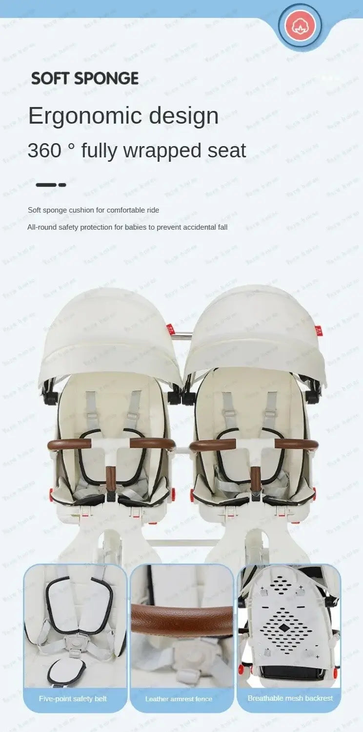 Twin stroller with soft sponge cushioning and ergonomic design for comfortable rides for two children.