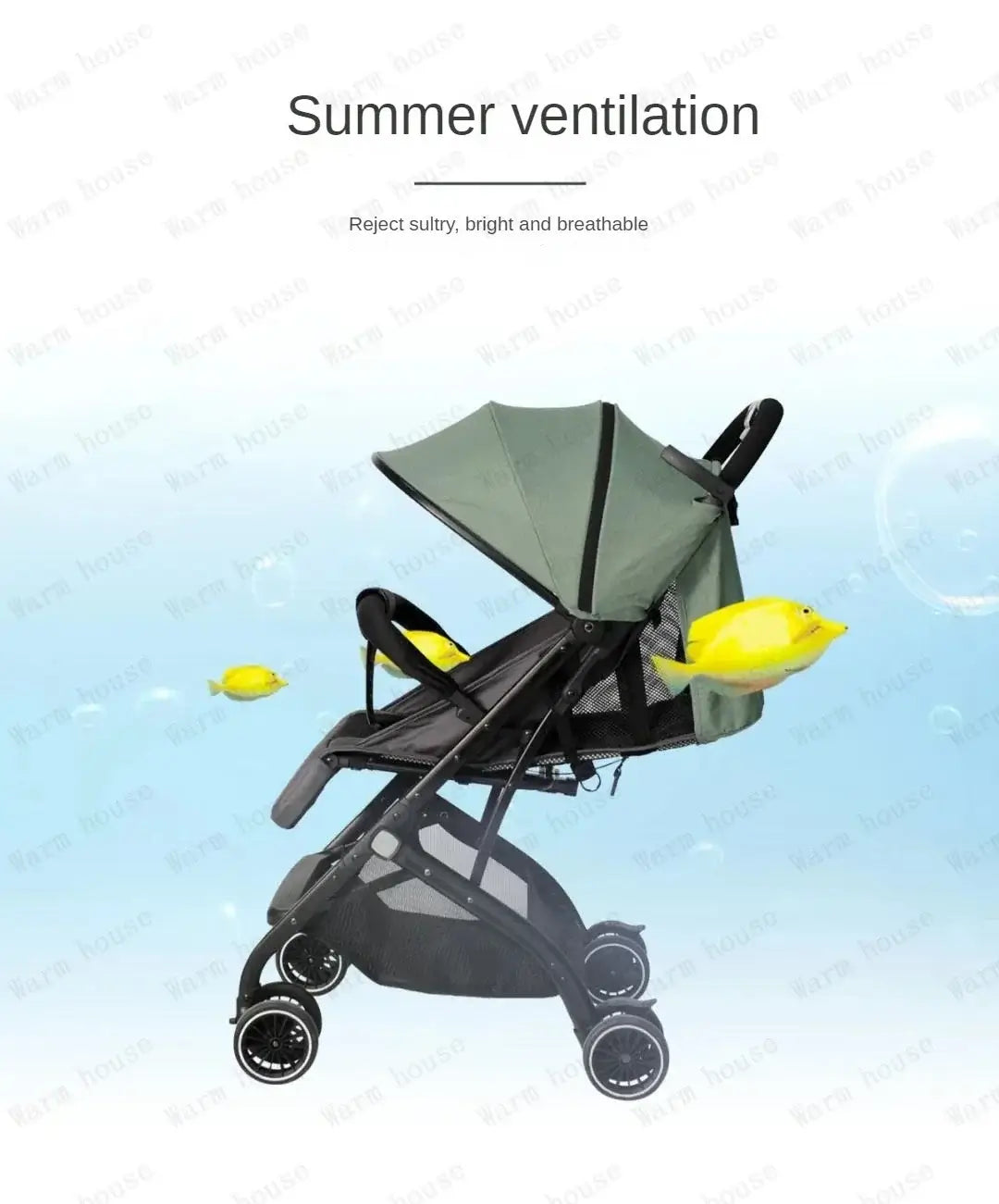 Portable foldable baby stroller with summer ventilation features, designed for comfort and breathability.