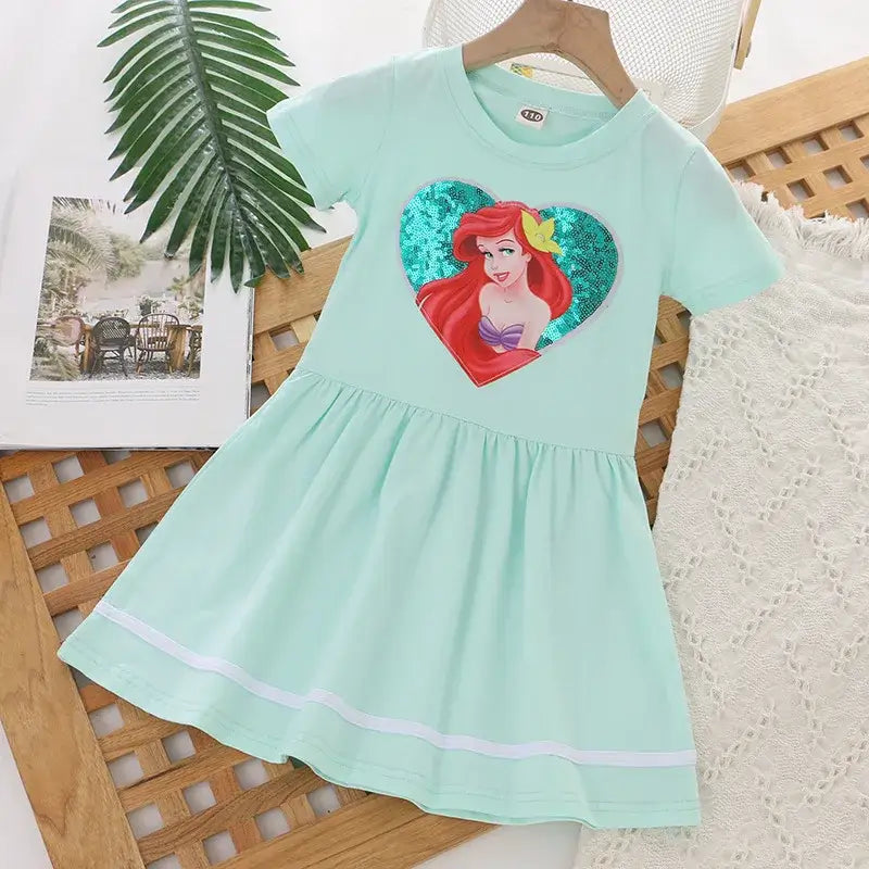 Girls summer dress featuring a cartoon princess design, perfect for ages 4-6, made from comfortable cotton material.