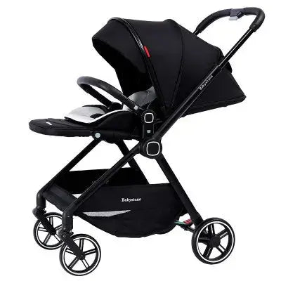 Highview Baby Stroller in black with foldable design, suitable for 0-3 years, featuring a high landscape and durable aluminum frame.