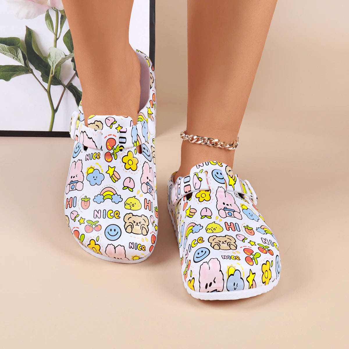 Women Cartoon Print Mule Clogs – Adjustable Buckle Beach Slippers