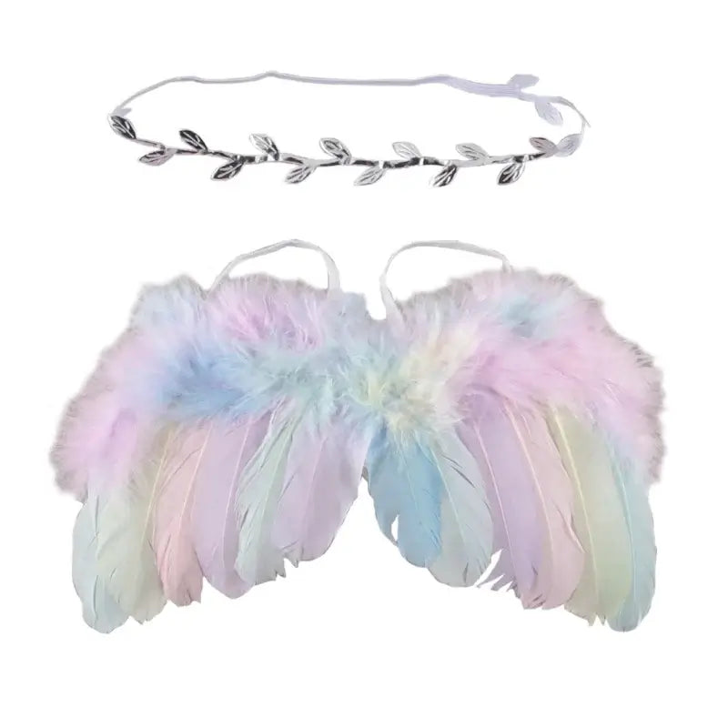 Baby angel wing costume and headband set for newborn photography props, pastel colors, ideal for ages 0-12 months.
