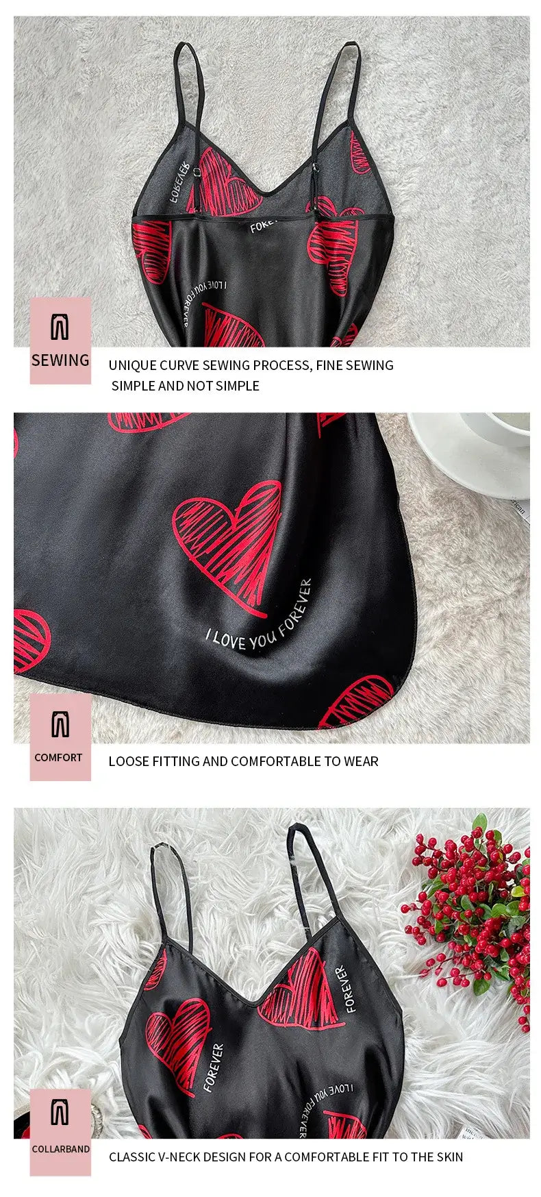 قميص نوم نسائي قصير من الساتان بفتحة رقبة على شكل حرف V