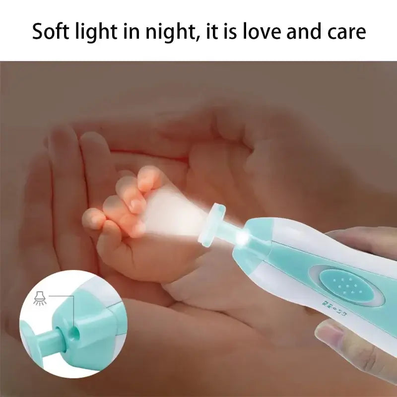 Baby electric nail trimmer with soft light, providing gentle care for infants' nails at night.