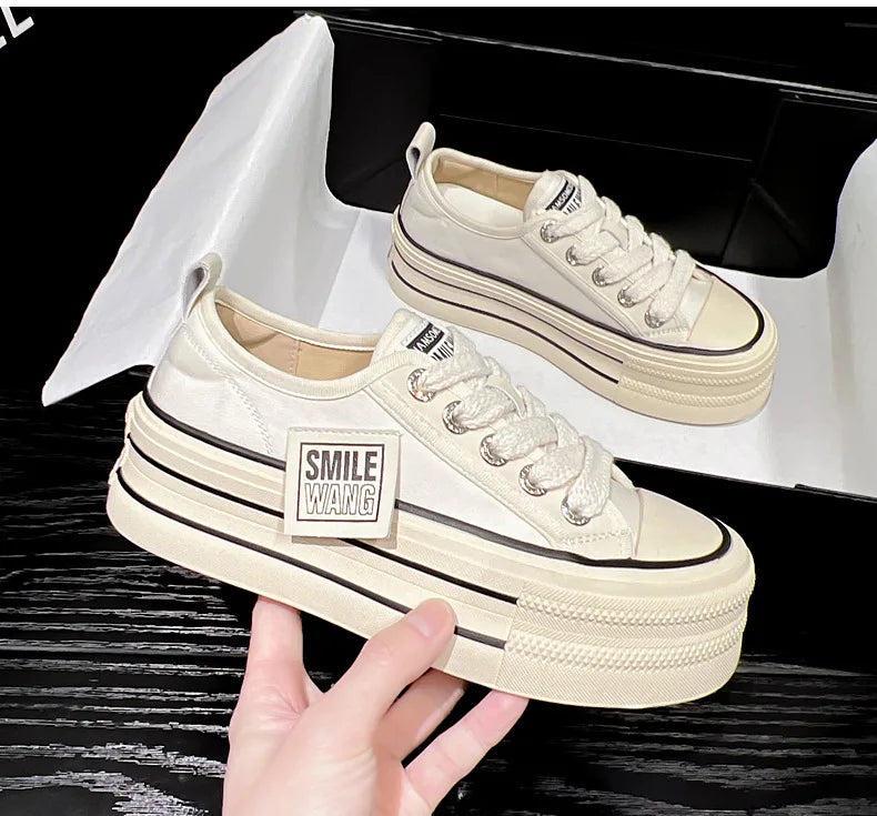 Women Canvas Shoes Black White Platform Sneakers