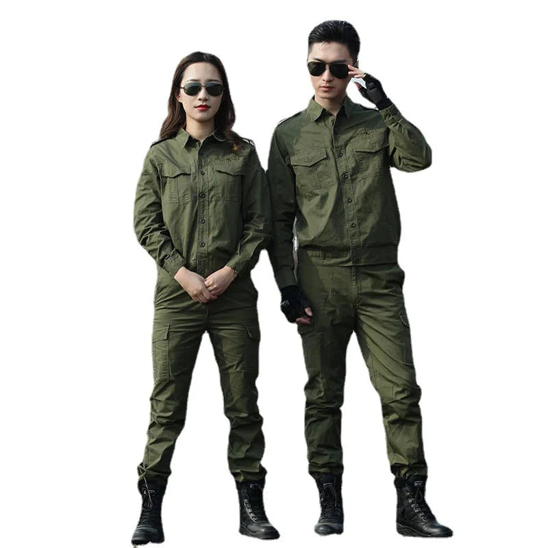 Summer cotton green work suit for welding protection, featuring two models in stylish protective outfits.