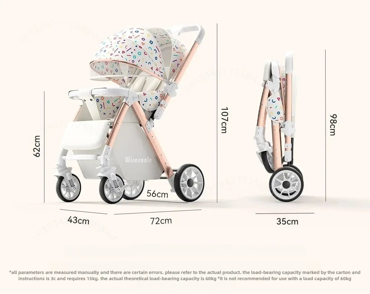 Lightweight baby stroller in colorful design, dimensions 107cm height, 62cm width, foldable for easy transport.