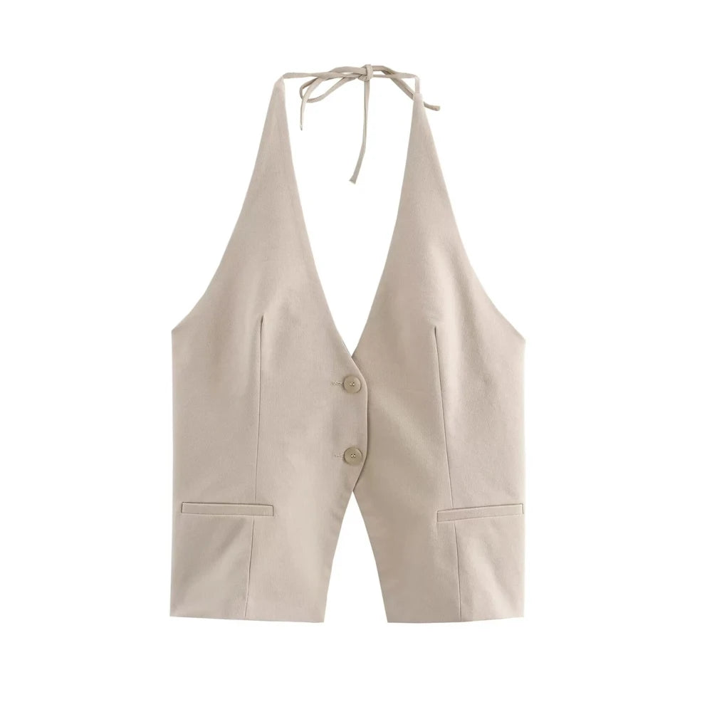 Front Button Halter Backless Camisole Tank