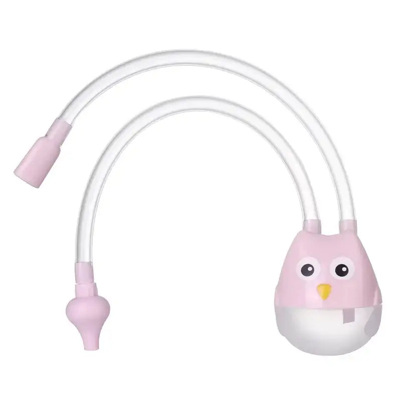 Cute pink baby nasal aspirator with two flexible tubes for easy suction, designed for infants ages 0-1 years.