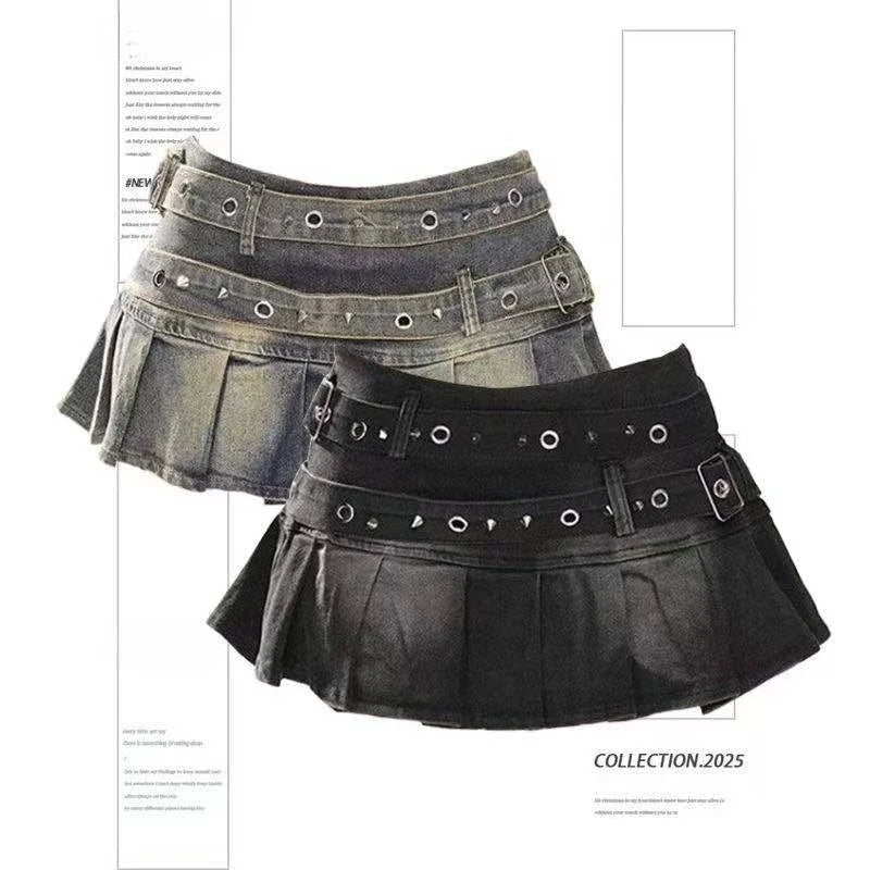 StreetBelt™ – Riveted Mini Skirt (Blue Black High Street Y2K)