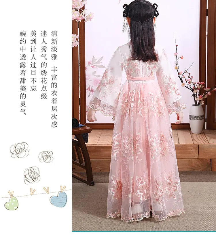 Modern Fairy Hanfu girls cosplay dress with floral patterns, lightweight and elegant design for kids.