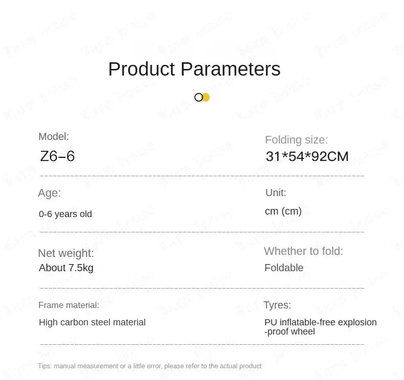 Product specifications for Warm House bi-directional high landscape baby stroller, detailing model, size, weight, and materials.