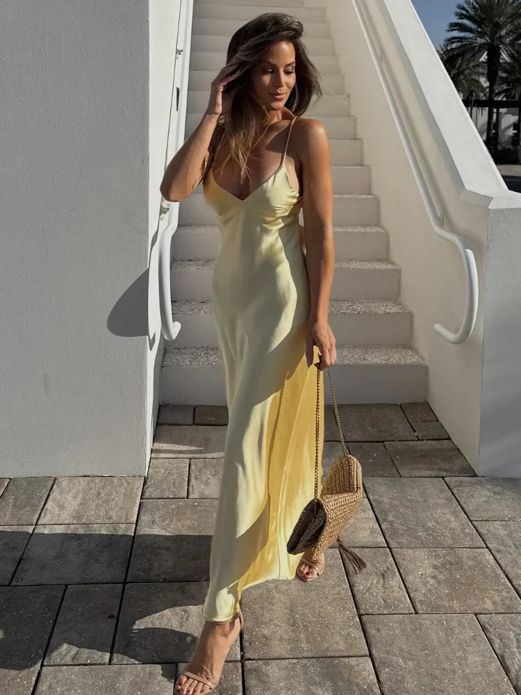 Golden Satin Backless Evening Gown