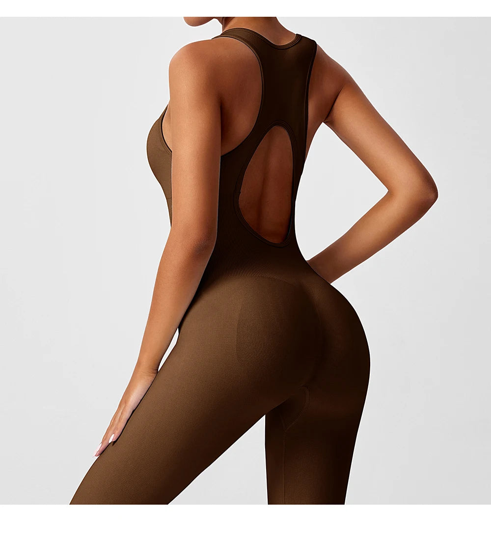 Seamless Peach Booty One-Piece Yoga Bodysuit – V-Back Tummy Control