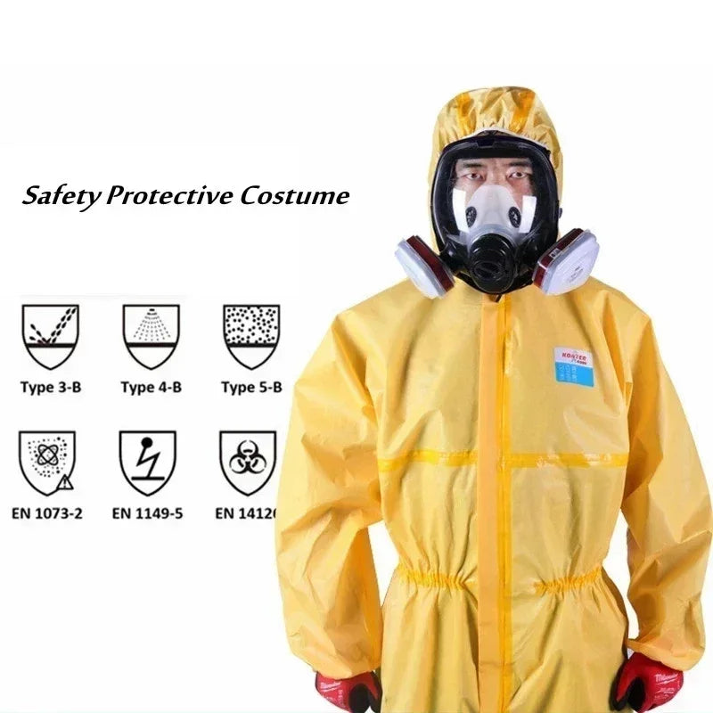 Chemical resistant work coverall in yellow, featuring a safety mask, for utility and safety applications.