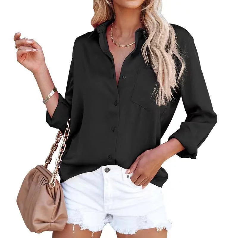 Women Long Sleeve Solid Patch Pocket Blouse
