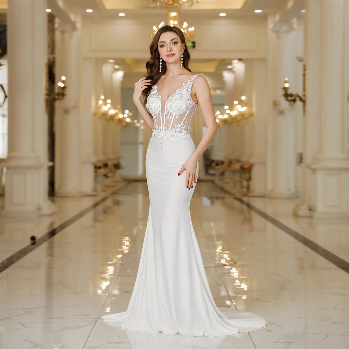 Elegant MisShow white mermaid wedding dress featuring lace and pearl details, floor-length design, perfect for bridal occasions.