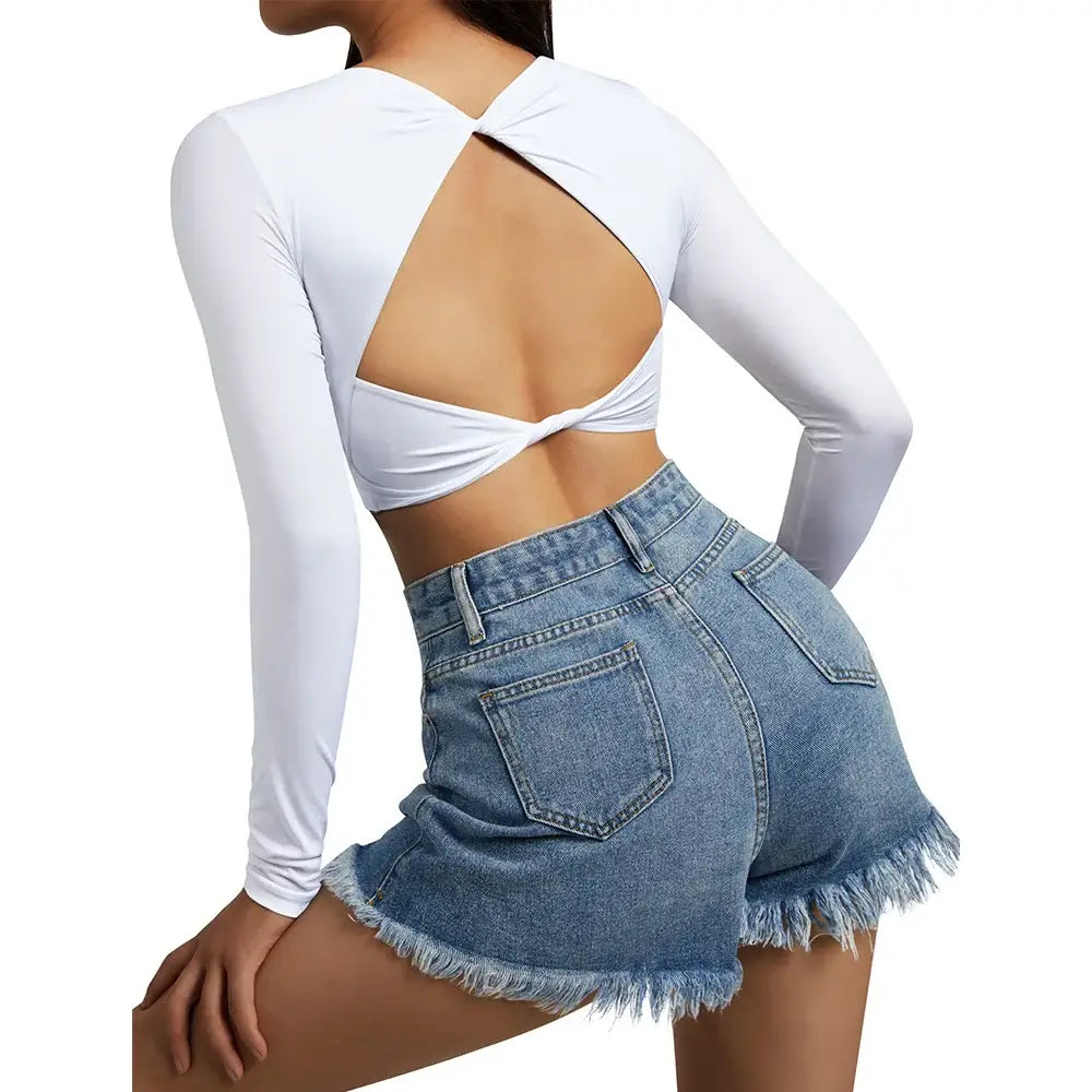 بلوزة يوغا نسائية مفتوحة الظهر بأكمام طويلة