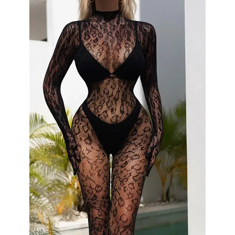 Women Lace Fishnet Long Sleeve Jumpsuit
