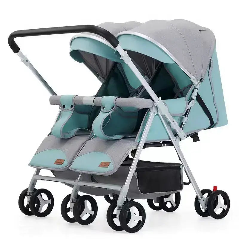 2025 new twin baby stroller in teal and gray, foldable, suitable for infants and toddlers, designed for comfort and safety.