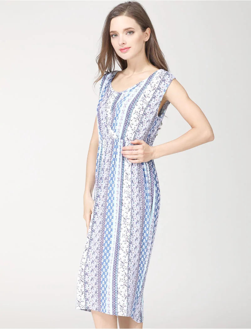 Sleeveless round neck cotton nursing dress in blue and white stripes, perfect for maternity summer wear.