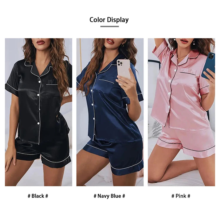 Women Satin Button Down Pajama Set