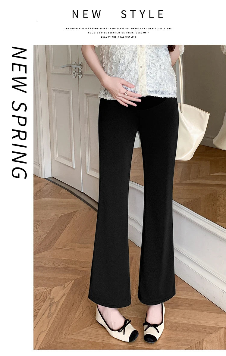 Y2K bootcut maternity pants in black, perfect for spring, made from breathable ice silk fabric.