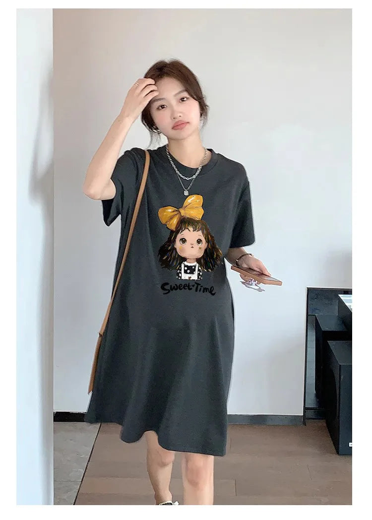 Sweet Casual Maternity T-Shirt Dress with cartoon character design, knee-length and loose fit for summer comfort.
