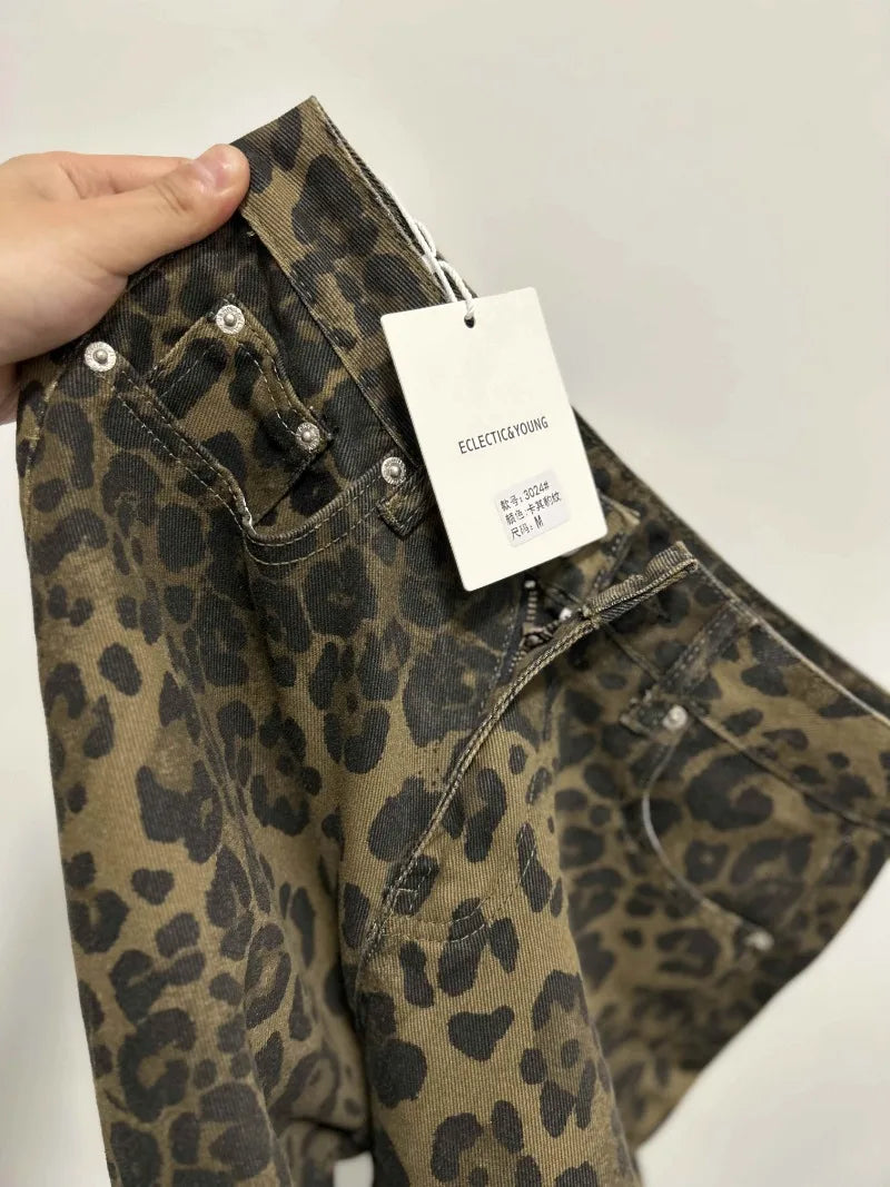 Leopard Print Retro Baggy Denim Pants