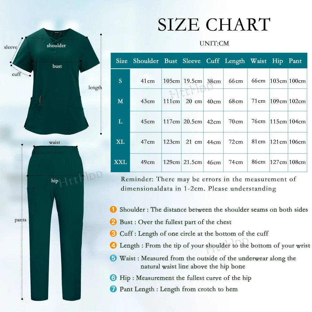 Size chart for Nurse Dental Scrubs Set, detailing measurements for shoulder, bust, sleeve, cuff, waist, hip, and pant length.