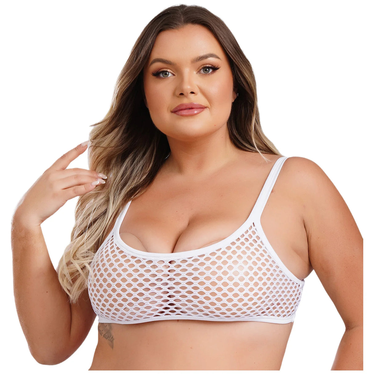 SheerCurvz™ Plus Size Fishnet Camisole, spaghetti strap, white crop top, see-through design for women.