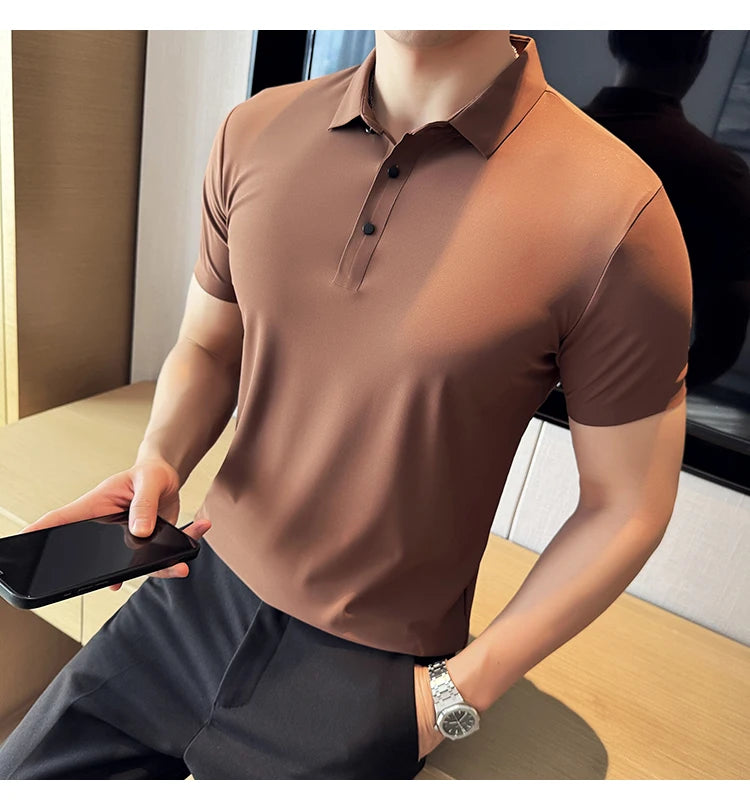 Men Ice Silk Polo Shirt Brown Top
