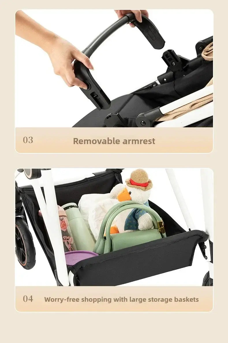Lightweight baby stroller features removable armrest and large storage baskets for convenience.