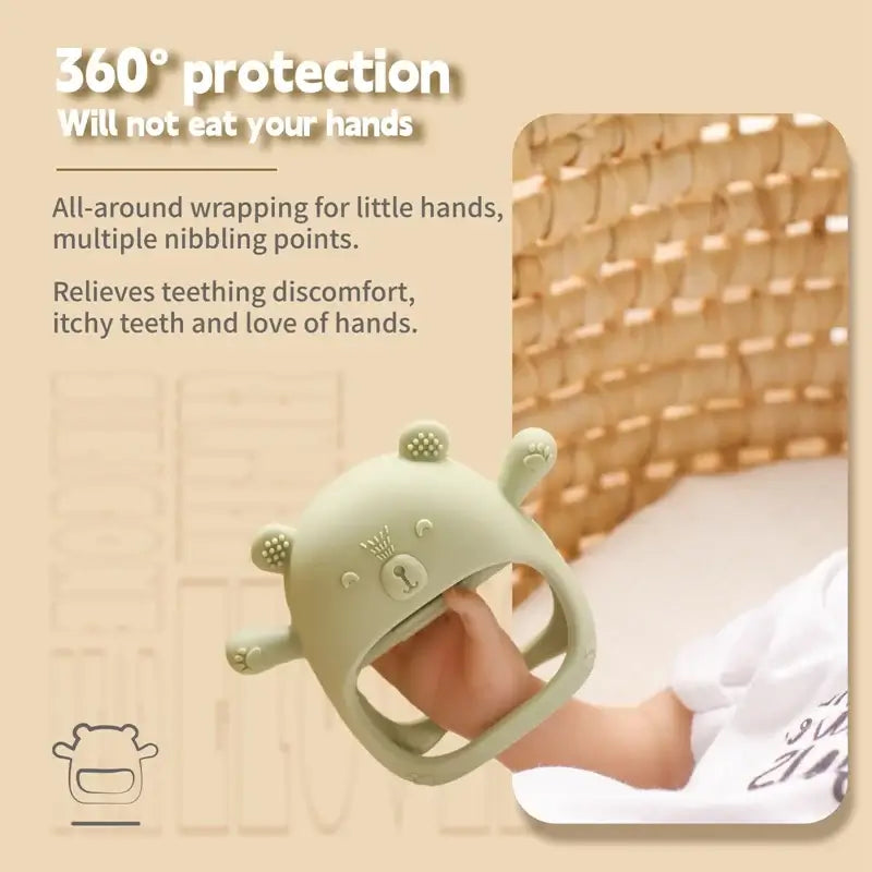 Baby teether glove providing 360° protection for little hands, relieving teething discomfort and offering multiple nibbling points.