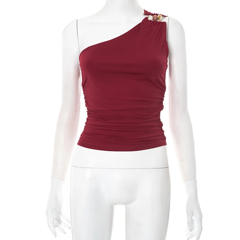 One-Shoulder Beaded Ruched Tank Top