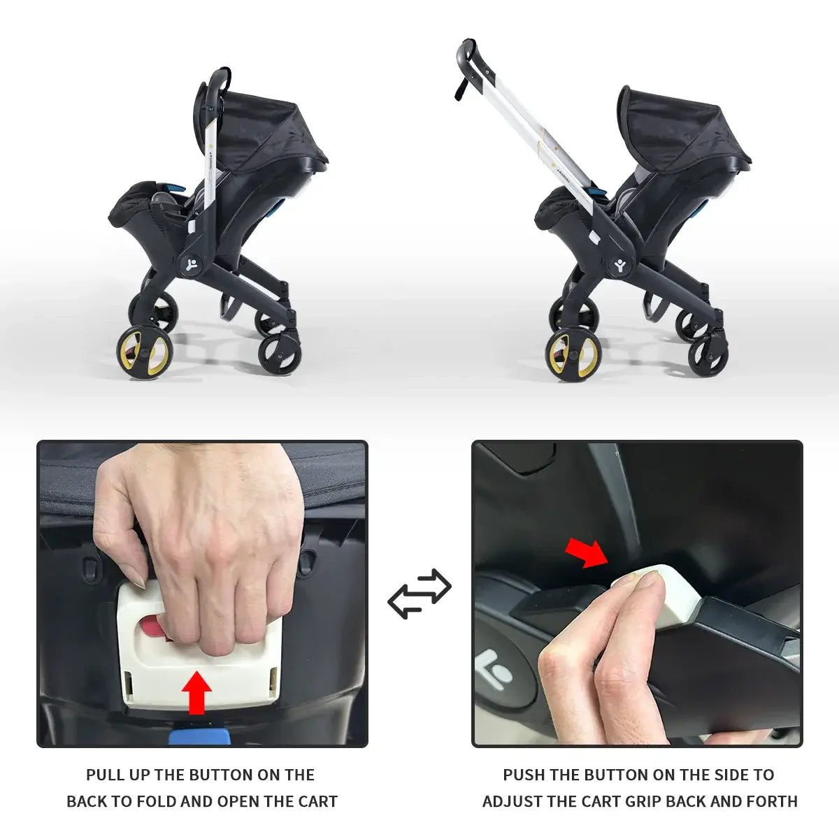 Instructions for folding and adjusting a baby stroller with a metal frame, showing buttons and manual handling.