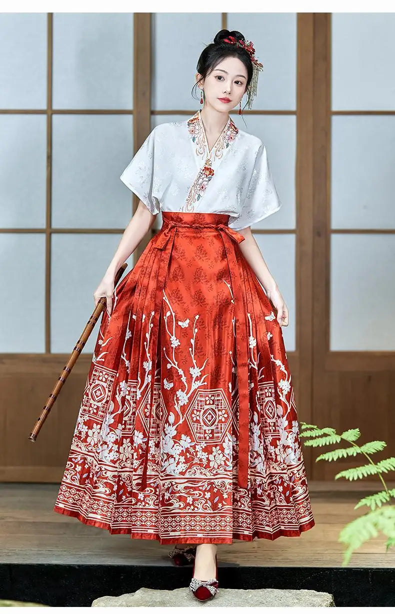 Traditional Hanfu oversized embroidered blouse with a red skirt, showcasing elegant Asian fashion style.