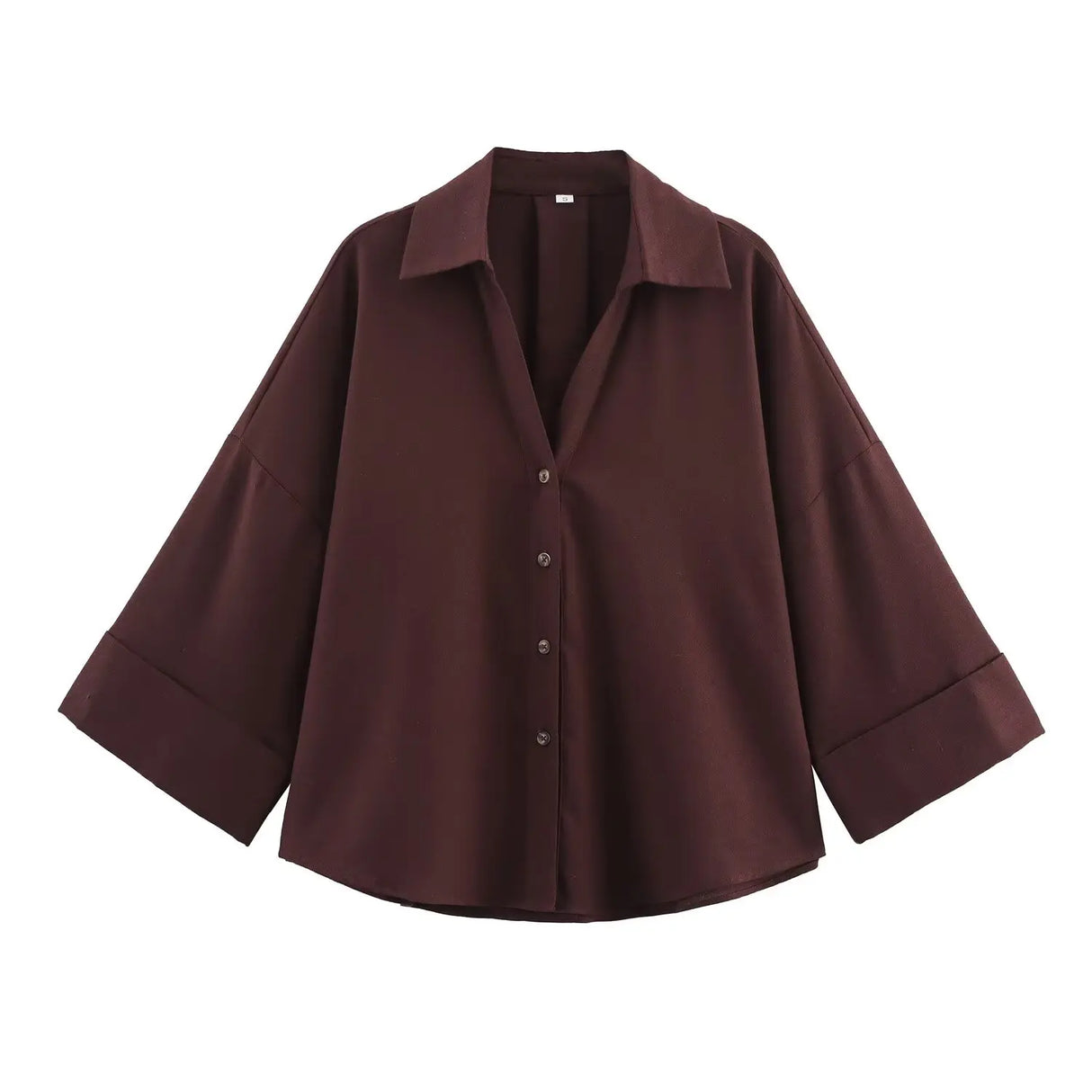 AsymLinen™ wide sleeve linen shirt in dark brown with a button-down front and turn-down collar.