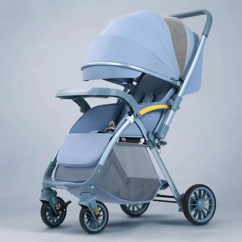 Bi-directional high landscape baby stroller in light blue, featuring a foldable design and lightweight frame for easy travel.