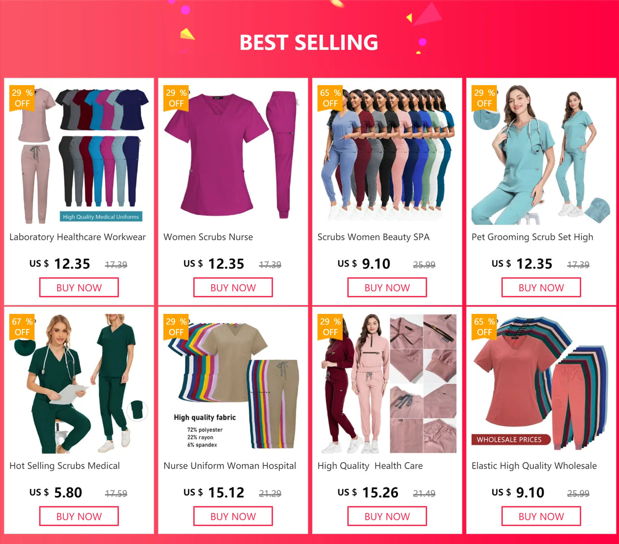 Colorful selection of best-selling healthcare work uniforms, including scrubs and nurse outfits, at discounted prices.