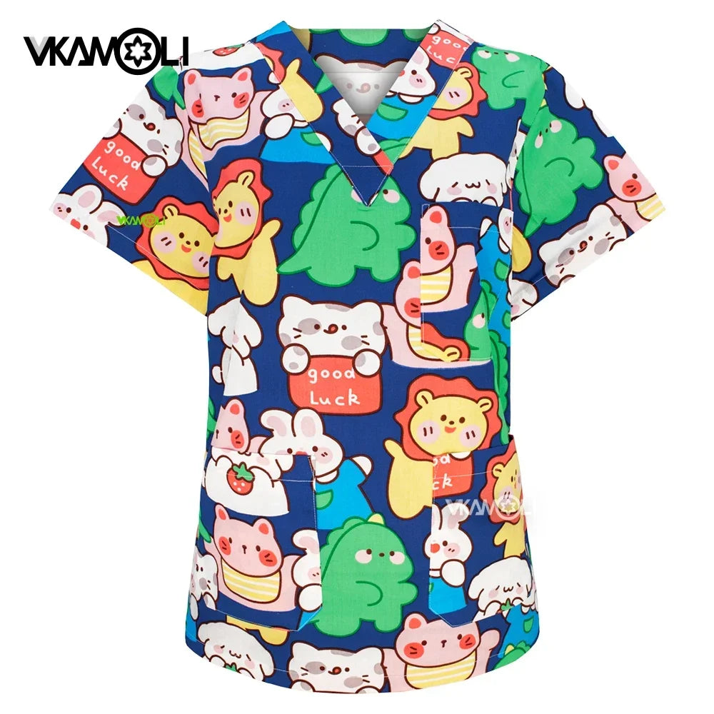 Colorful cartoon print scrub top from VKAMOLI, featuring cute animals and positive messages, suitable for medical professionals.
