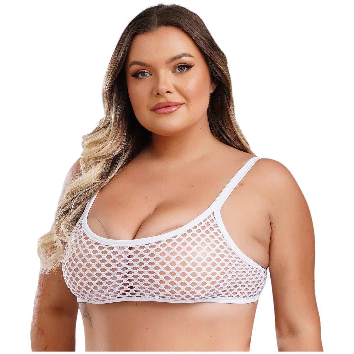 SheerCurvz™ Plus Size Fishnet Camisole in white, featuring a see-through design and spaghetti straps for a stylish look.