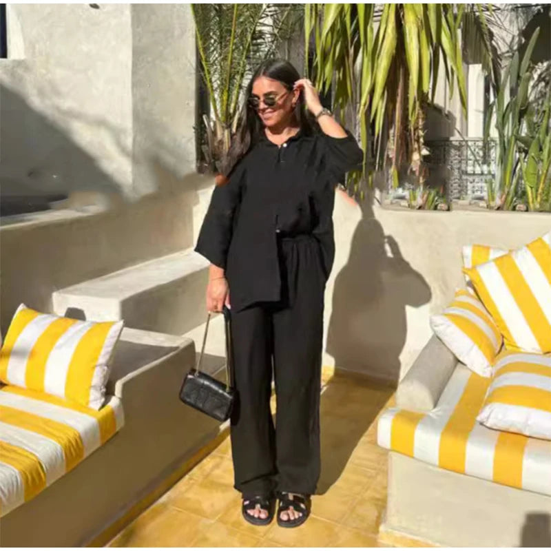 طقم بنطال نسائي من القطن بقصة واسعة