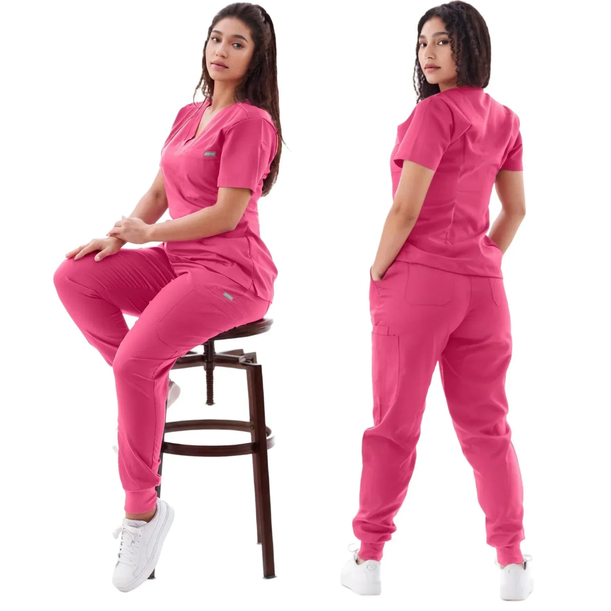Breathable pink medical scrub set for women, featuring elastic short sleeves and comfortable fit, ideal for healthcare professionals.
